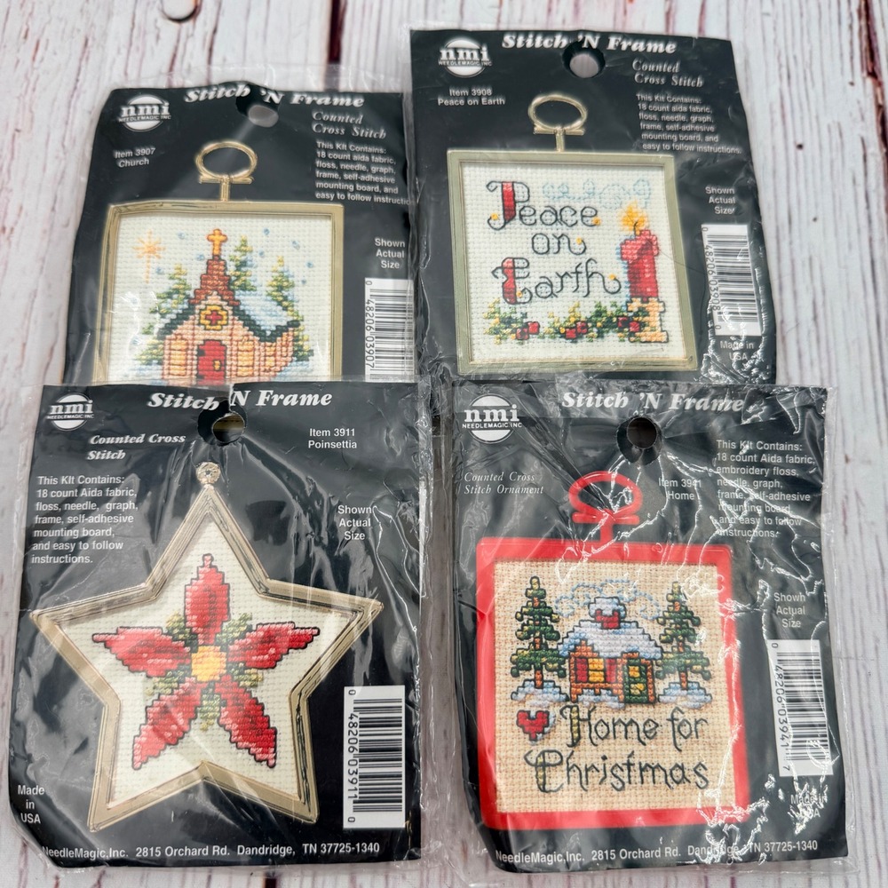 NeedleMagic Stitch N Frame Counted Cross Stitch Ornament Kits Set of 4 Christmas
